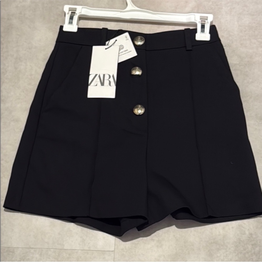 Zara High Waist Shorts Dressed Black Gold Buttons NWT